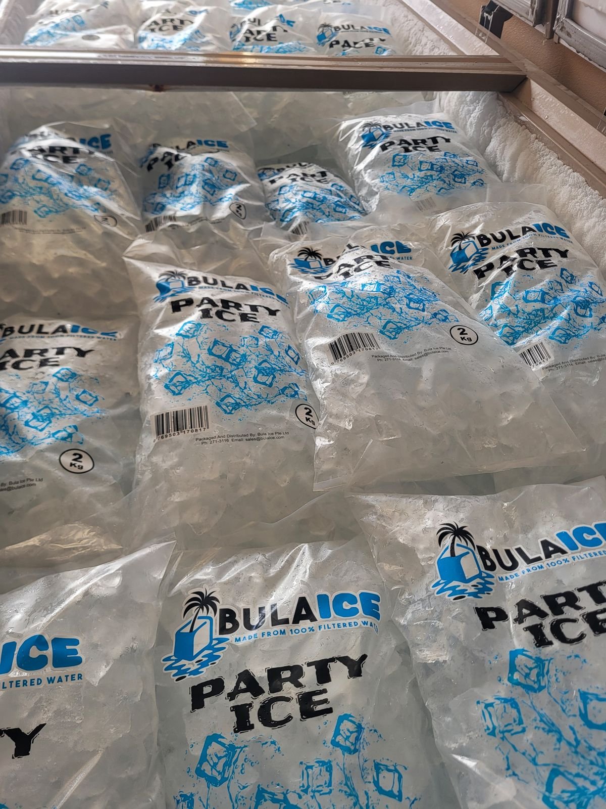 2 kg Party Ice bags in a retail freezer